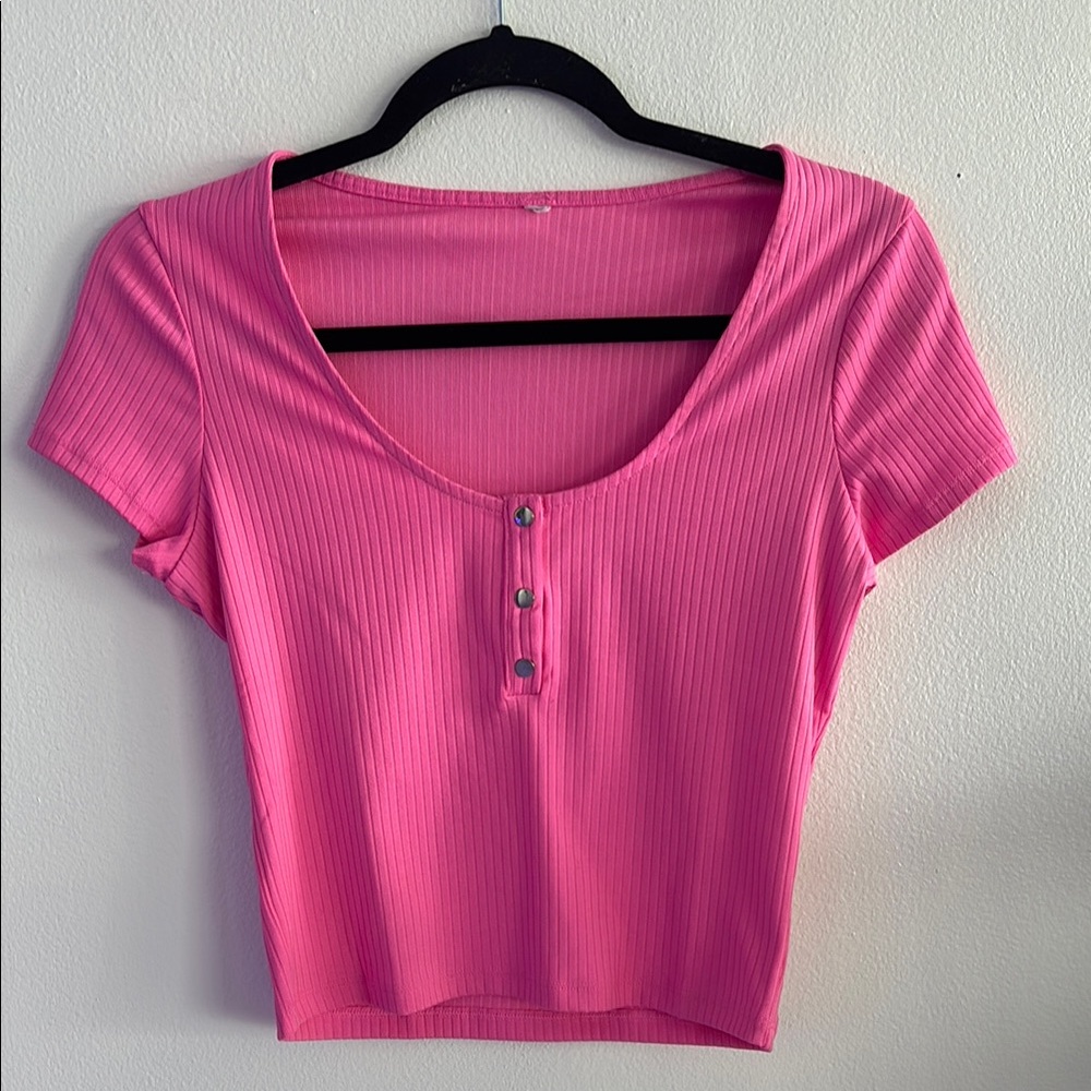 Pink Ribbed Button-Front Women's Top